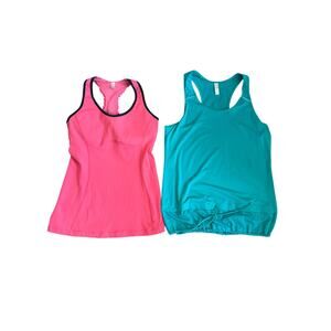 Lucy Tank Tops Lot of 2 Coral Racerback Green Mesh Cinch Tie Floral Y2K Size M